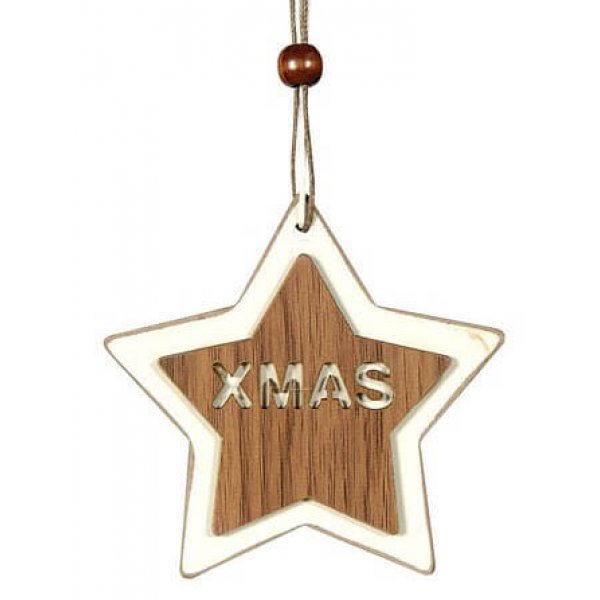 Χριστουγεννιάτικο Κρεμαστό Ξύλινο Αστέρι, με Σχέδιο "XMAS" (8cm)